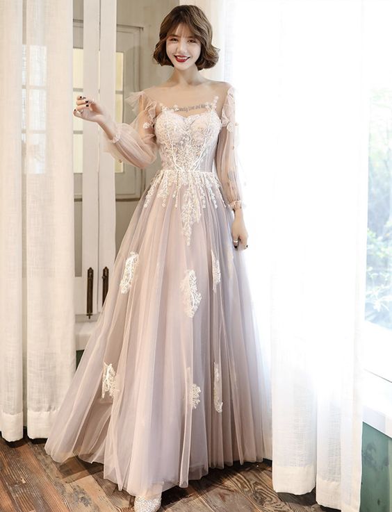 Lovely tulle lace long prom dress lace evening dress cg18794