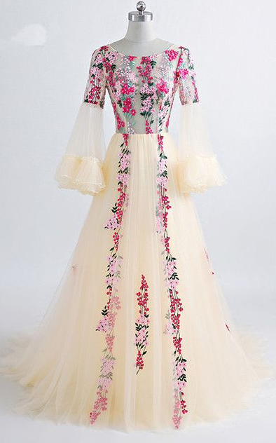 Floral Print A Line Scoop Floor Length Long Prom Dress cg18806