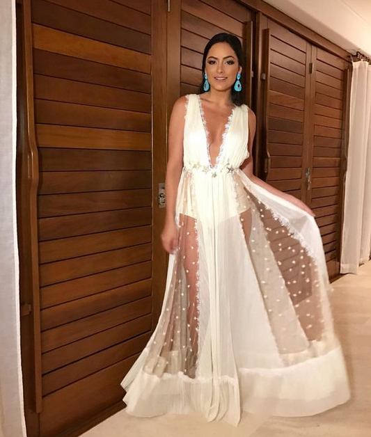 Weiße Ballkleider, Tüll-Ballkleid, A-Linien-Ballkleid, V-Ausschnitt-Ballkleid cg18808