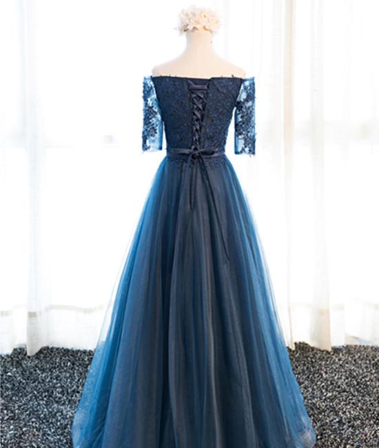 Navy Blue Half Sleeves Lace Long Prom Dresses, Navy Blue Lace Formal Dresses cg18818