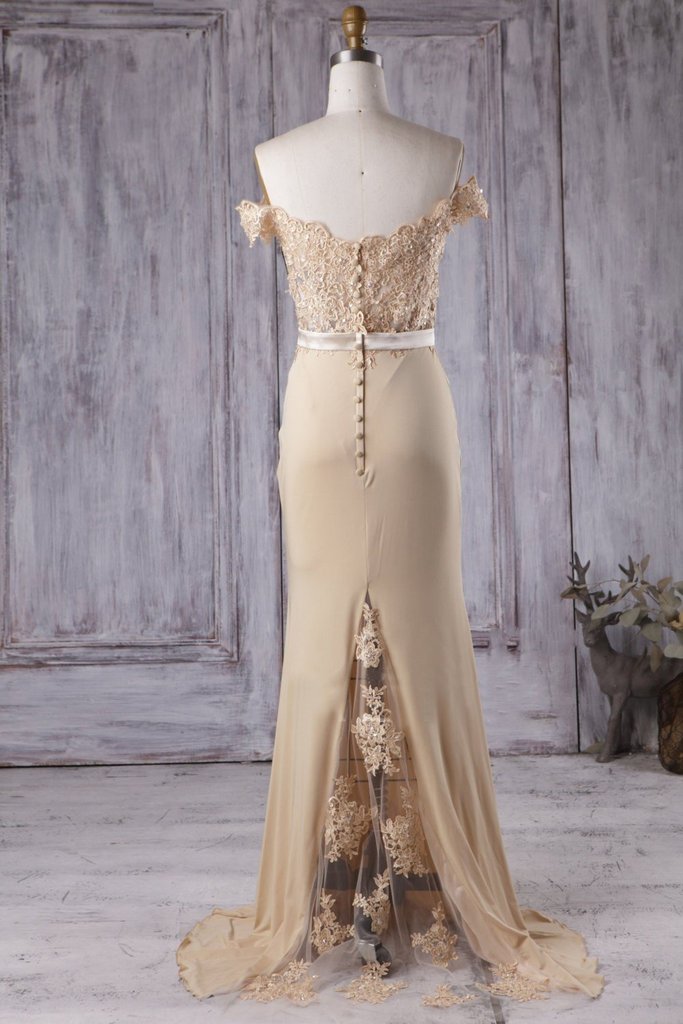 Off the Shoulder Mermaid Champagne Lace Long Prom Dress cg18821
