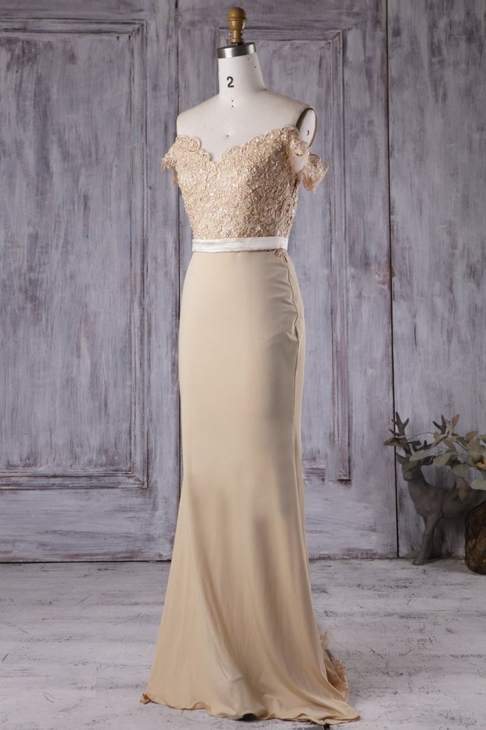 Off the Shoulder Mermaid Champagne Lace Long Prom Dress cg18821