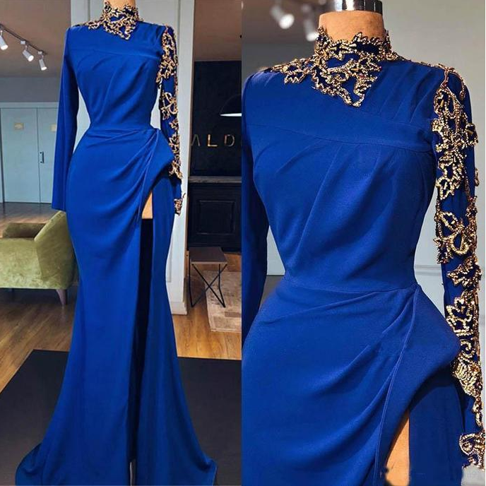 Royal Blue Mermaid Prom Dresses High Neck Long Sleeves Side Split Gold Appliques Evening Gowns cg18823