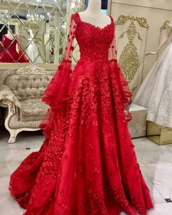 A-line red tulle and lace appliqued long plus size formal dress prom dress cg18828
