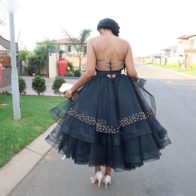 Black Ball Gown Tulle Sweetheart Beading Tea Length Prom Dress cg18832