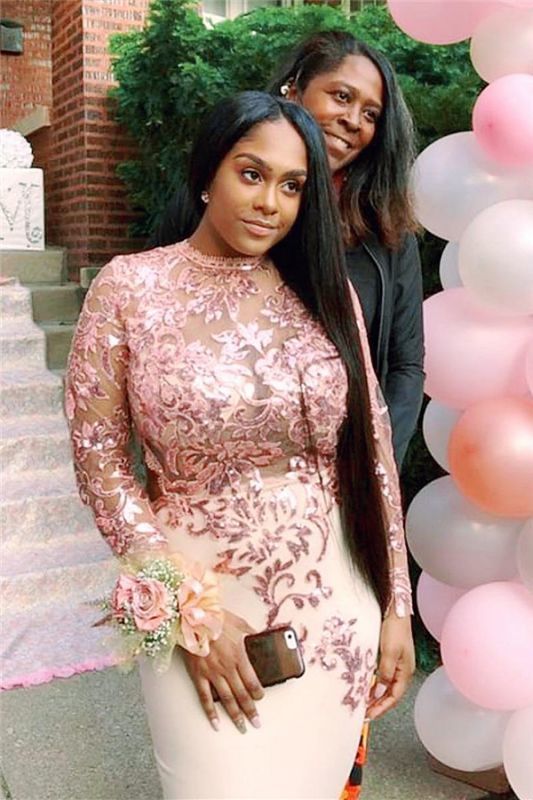 High Neck Long Sleeve Prom Dresses Cheap | Sexy Illusion Rose Gold Lace Appliques Evening Gowns cg18849