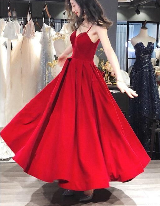 Beautiful Red Velvet Straps Long Evening Formal Dress, Red Party prom Dress cg18853