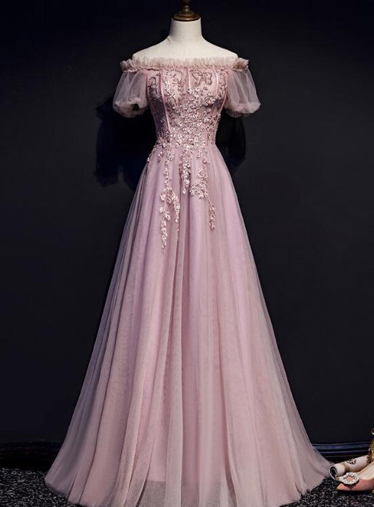 Einzigartiges rosa schulterfreies langes Partykleid mit Spitze, Ballkleid cg18859