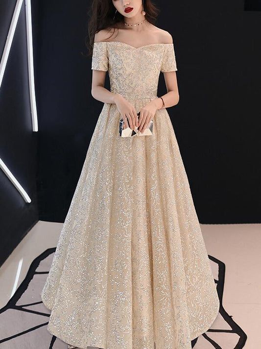 Wunderschönes schulterfreies, langes goldenes Ballkleid cg18860