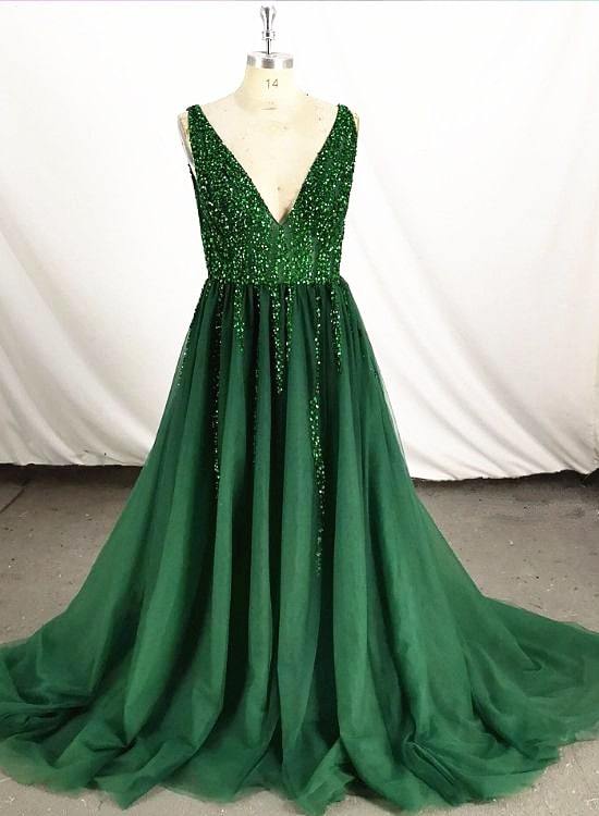 Dark Green Tulle V-Neckline Long Party prom Dress, Green Formal Gown cg18865