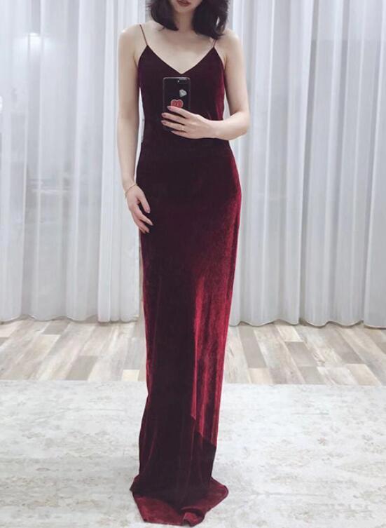 Wine Red Straps Sexy Velvet Evening Gown, Long Party prom Dresses cg18866