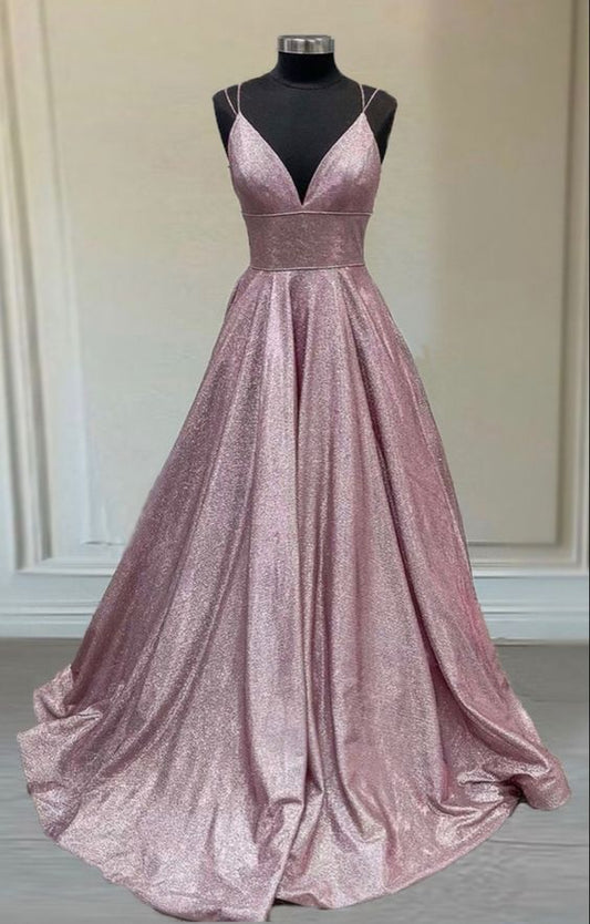Rosa Glitzer Ballkleid mit V-Ausschnitt und Spaghettiträgern, Ballkleid cg18873
