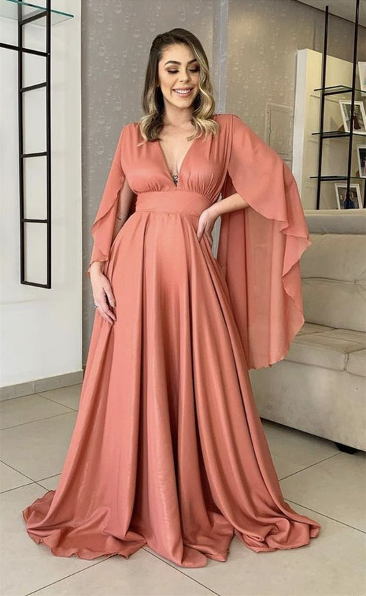 Elegante Brautjungfernkleider mit Puffärmeln, langes Chiffon-Kleid mit V-Ausschnitt und beliebten Terrakotta-Farben, Ballkleider cg18877