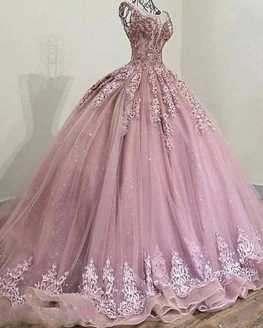 Ballkleid Abschlussball Pricess U-Ausschnitt Glitzer Pailletten Tüll Spitze Mauve Pink Ballkleid cg18882