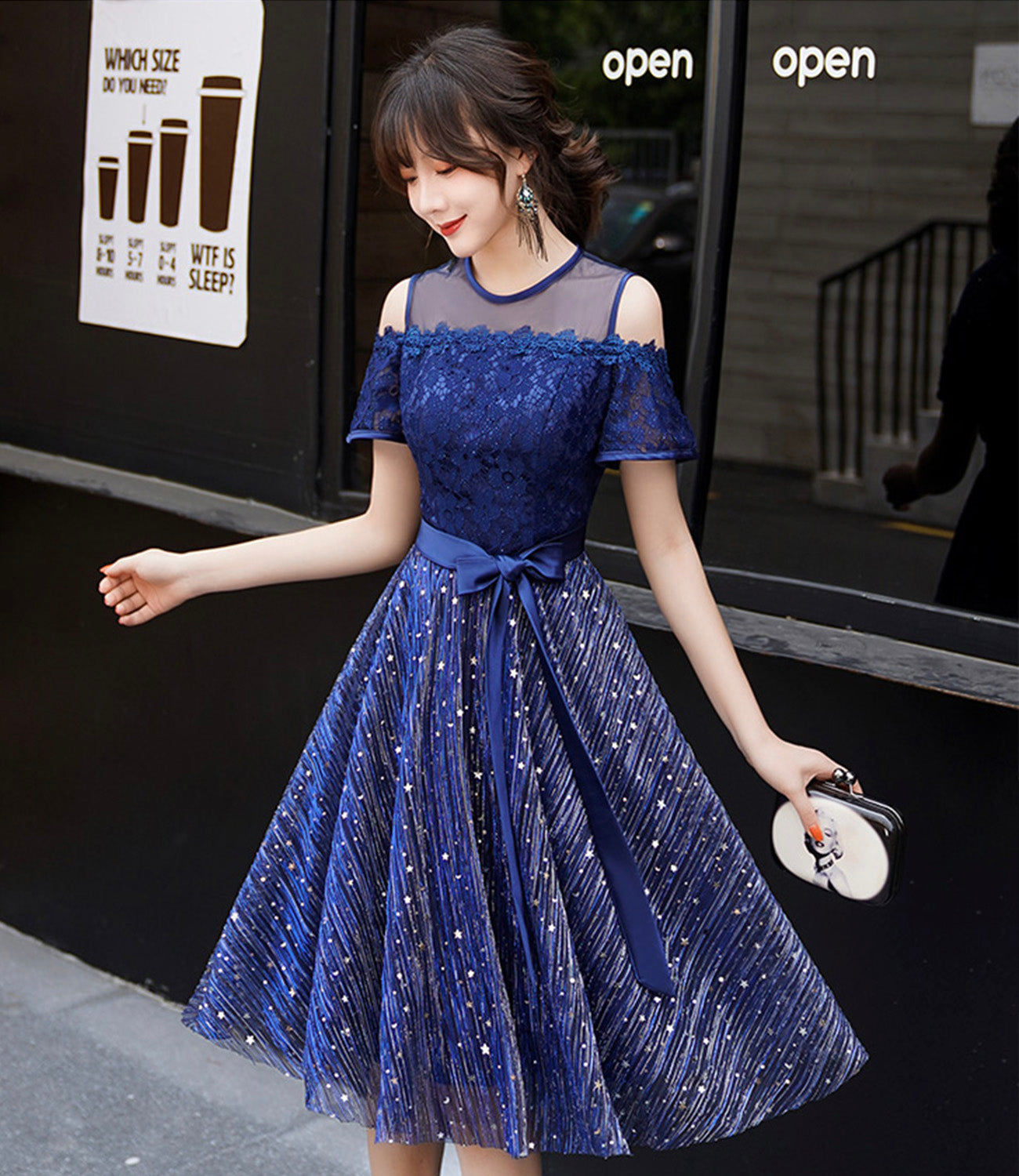 BLUE LACE SHORT PROM DRESS A LINE EVENING DRESS cg18885