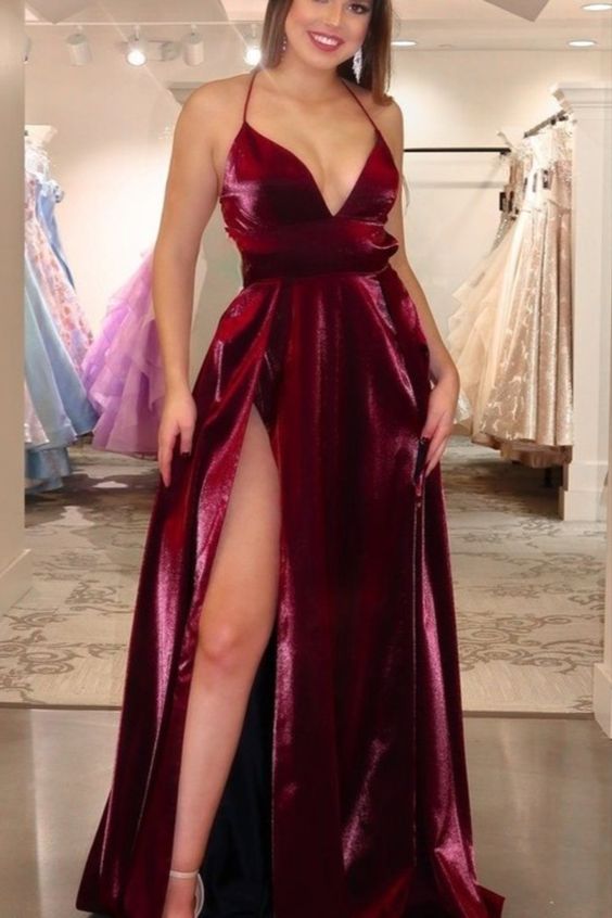 Princess A-line Burgundy Long Formal Dress with Side Slit Prom Dress c classygown Princess A-line Burgundy Long Formal Dress with Side Slit Prom Dress c classygown