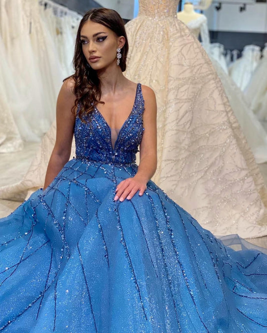 A-Linien-Ballkleid, lang, blau, cg18898