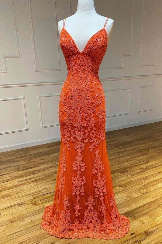 Elegantes Orange Ballkleid mit Spitzenapplikationen und Trägern cg18910