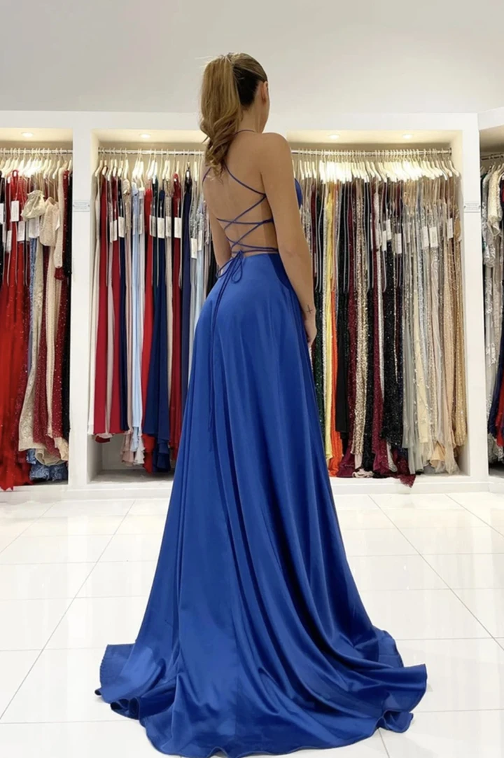 Blue v neck satin prom dress A line backless evening dress cg18913
