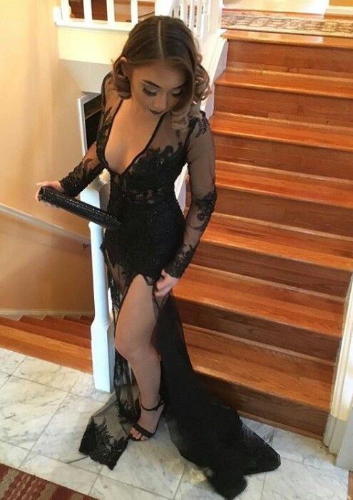 Charming Prom Dress,Long Sleeve Prom Dresses,Sexy Prom Dress with Side Slit,Lace Evening Dress cg18921