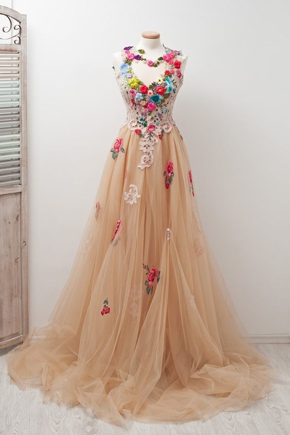 A-line Scoop Sleeveless Open Back Appliques Tulle Prom Dress with Hand-Made Flowers cg18923