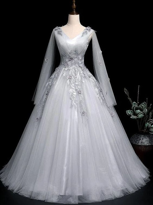 Wunderschönes graues Ballkleid, langes Tüllkleid für Sweet 16, graues Party- und Abschlussballkleid 2021 cg18927