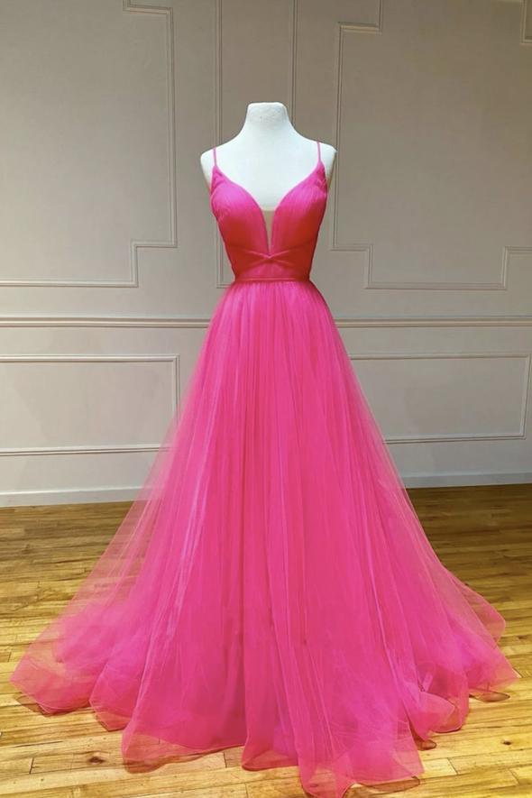 Simple v neck tulle long prom dress A line evening dress cg18932