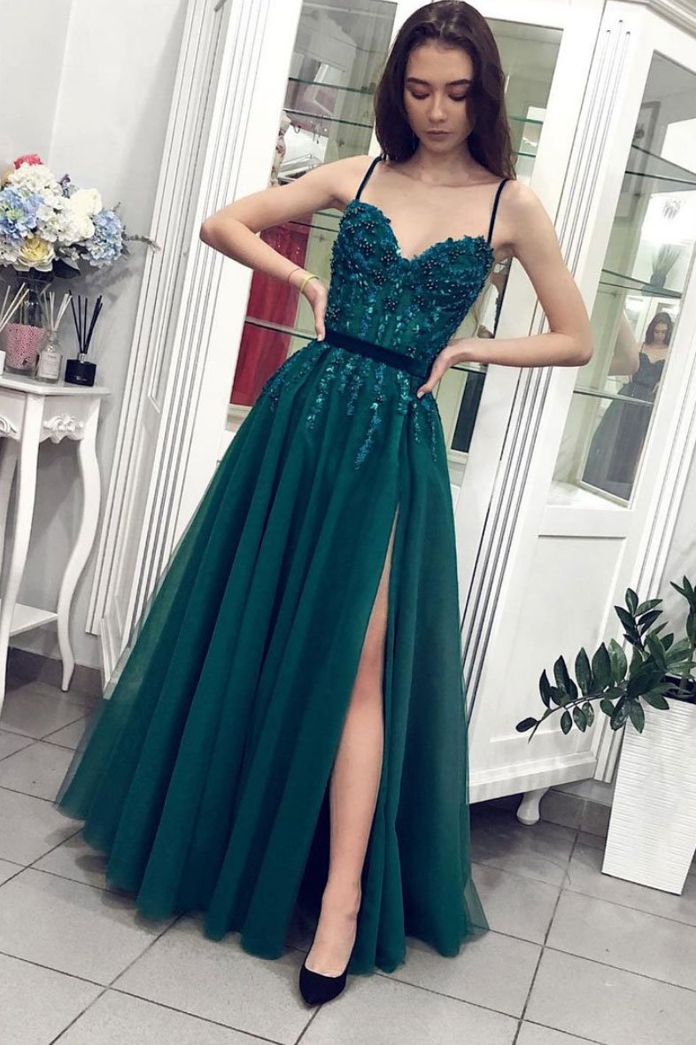 Green sweetheart neck tulle lace long prom dress green evening dress cg18933