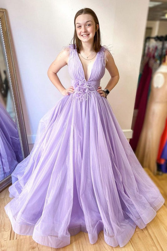 Lila langes Ballkleid aus Tüll mit V-Ausschnitt, lila Abendkleid cg18934