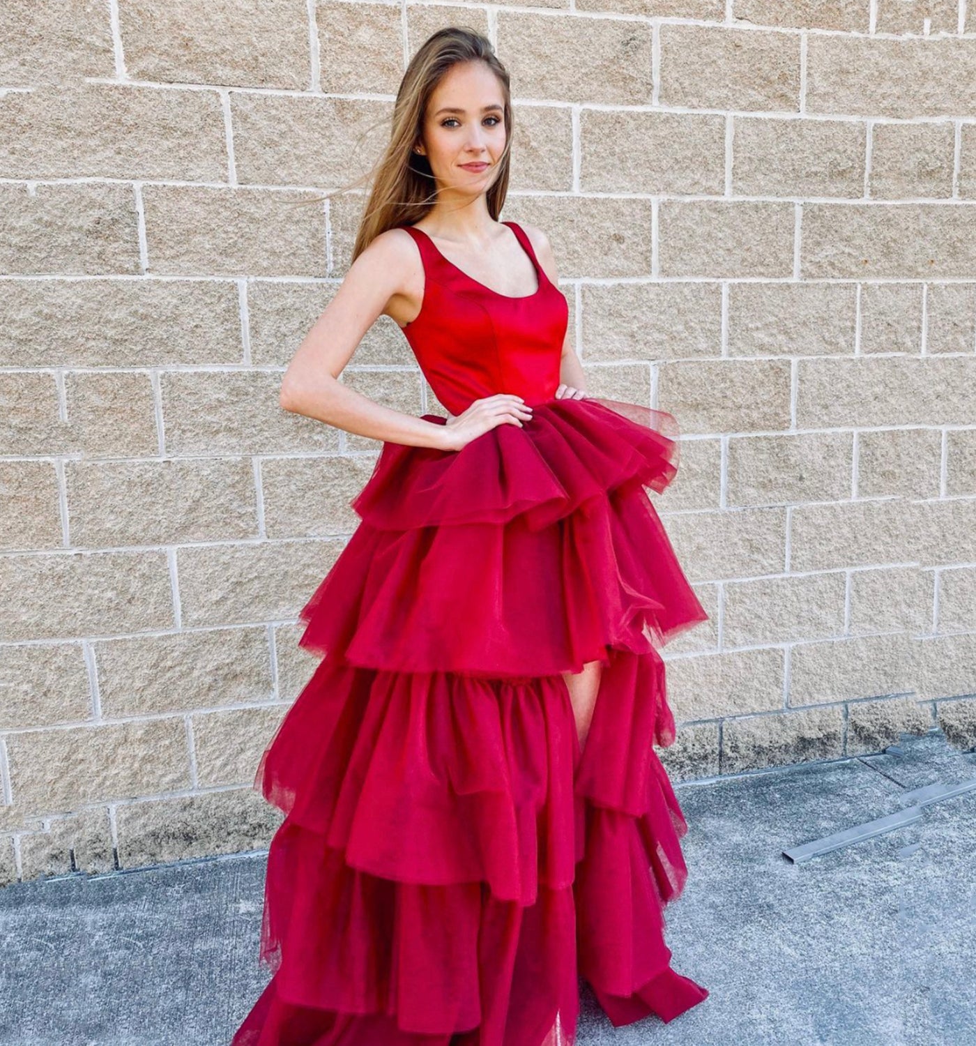 RED A LINE TULLE LONG PROM DRESS HIGH LOW EVENING DRESS cg18935