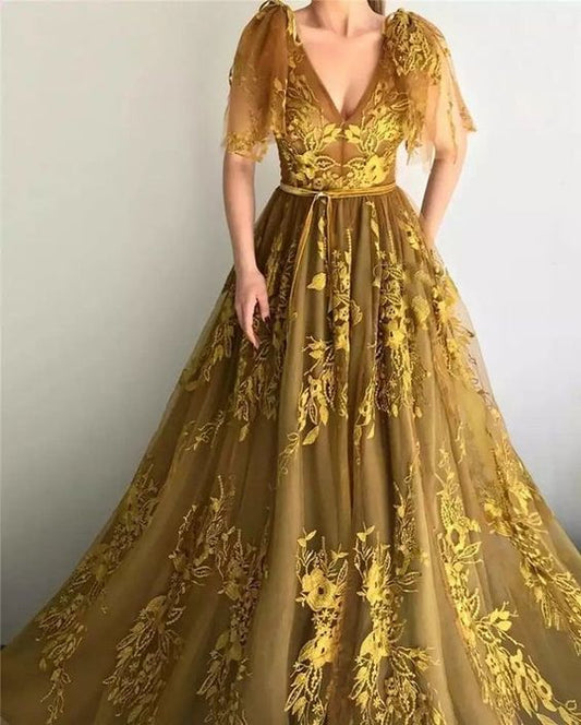 Abendkleider mit Applikationen, A-Linie, V-Ausschnitt, Bändern, Tüll, lange Ballkleider, cg18949