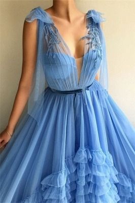 Sexy Tulle Deep V Neck Blue Prom Dress | Chic Sleeveless Layers Long Prom Dress with Sash cg18950