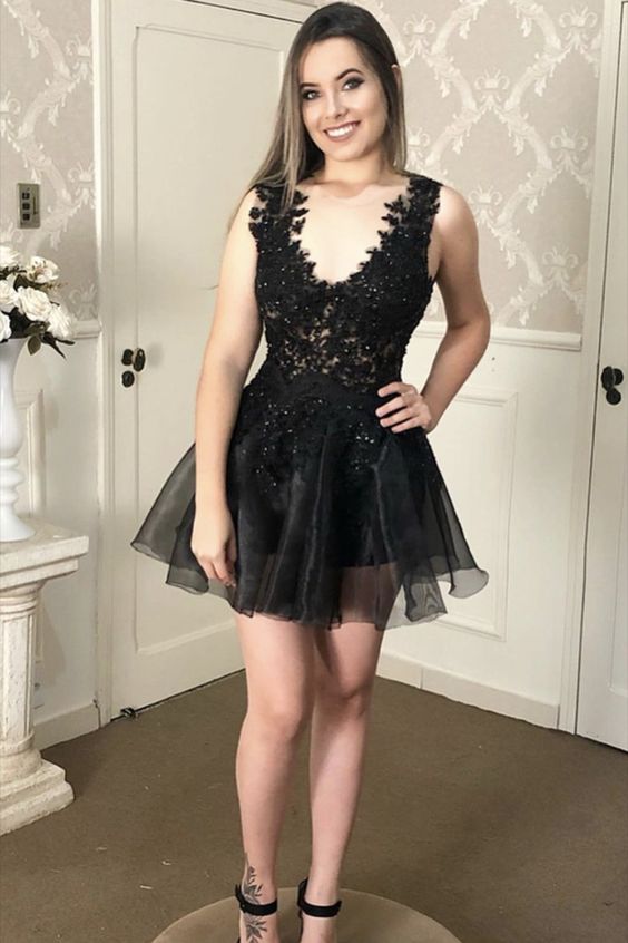 elegant black lace appliques organza ruffles homecoming party dress cg18955