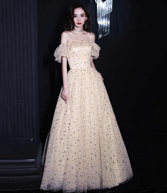 Champagnerfarbenes, langes Ballkleid mit Pailletten aus Tüll, cg18960