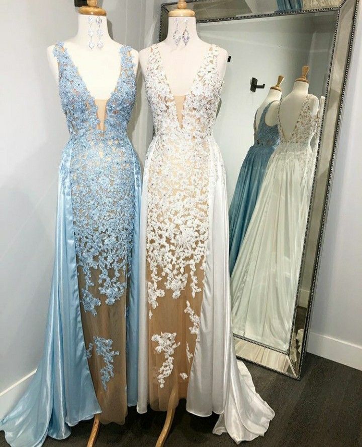V-Neck Light Blue Lace Appliques Prom Dress with Sweep Train cg18967