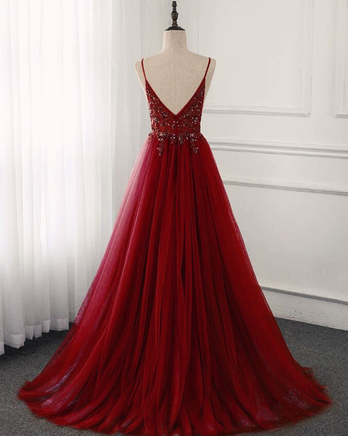 Beautiful Burgundy Long Tulle V-neckline Beaded Junior Prom Dress, Dark Red Party Dress cg18996