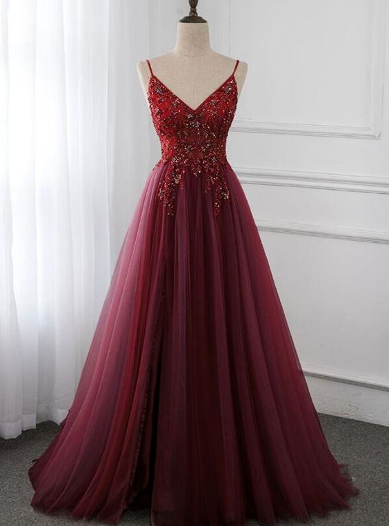 Beautiful Burgundy Long Tulle V-neckline Beaded Junior Prom Dress, Dark Red Party Dress cg18996