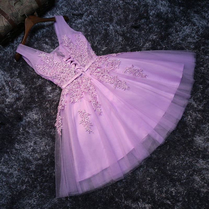 elegant homecoming dress Lavender Lace Appliques Tulle Plunge V Sleeveless Knee Length A-Line Wedding Guest Dress cg19000