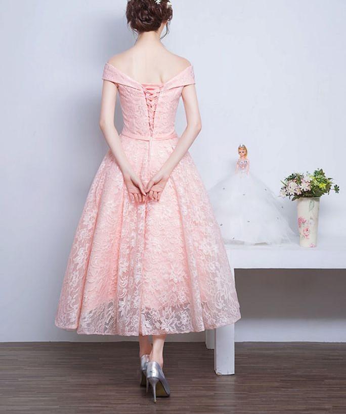 Pink Lace Sweetheart Off Shoulder Tea Length Formal Dress prom dress cg19002