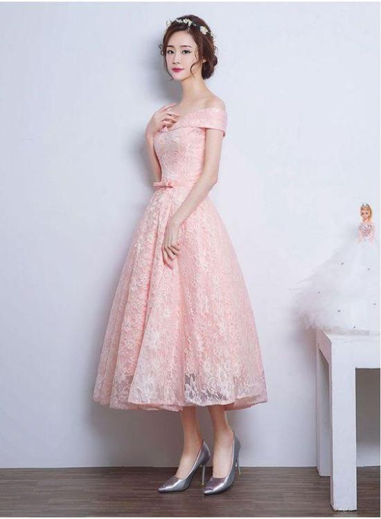 Pink Lace Sweetheart Off Shoulder Tea Length Formal Dress prom dress cg19002