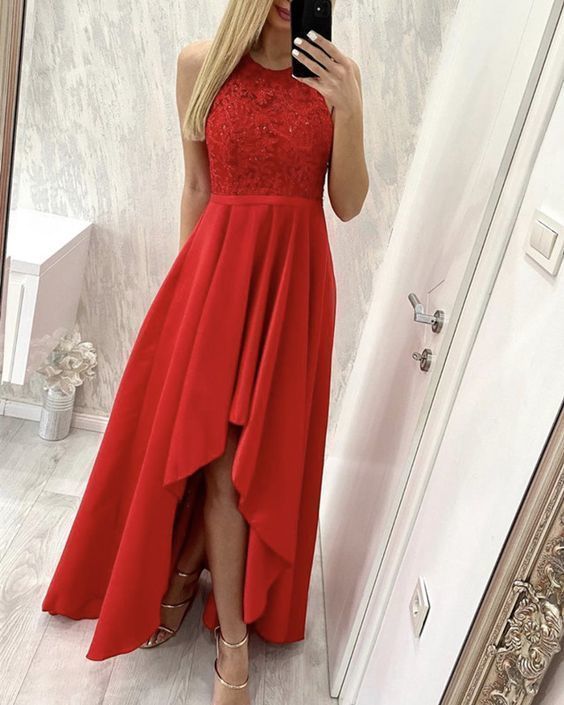 Red lace halter prom dresses asymmetrical gown for back to school prom classygown Red lace halter prom dresses asymmetrical gown for back to school prom classygown