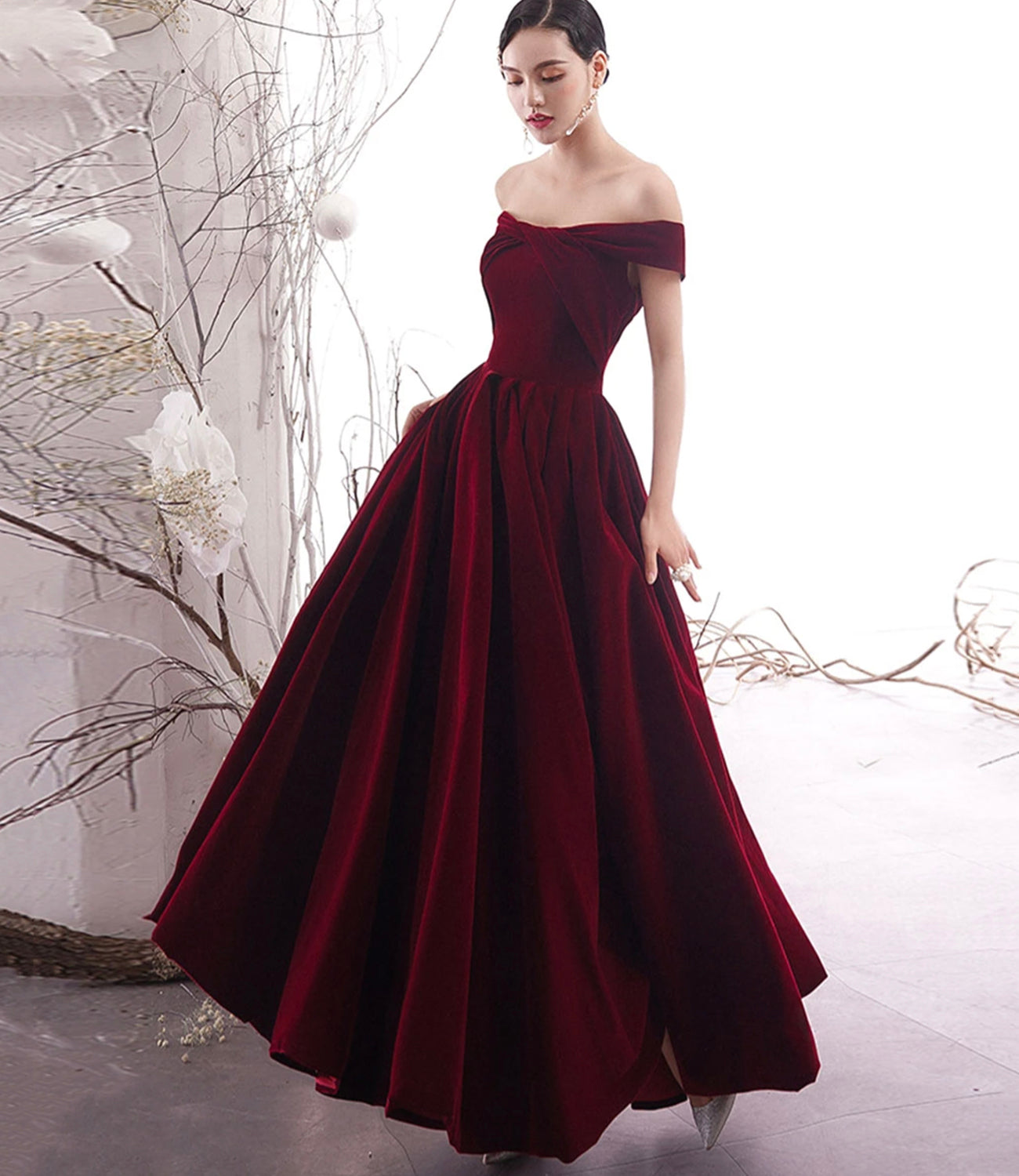 BURGUNDY A LINE VELVET PROM DRESS BURGUNDY EVENING DRESS cg19030