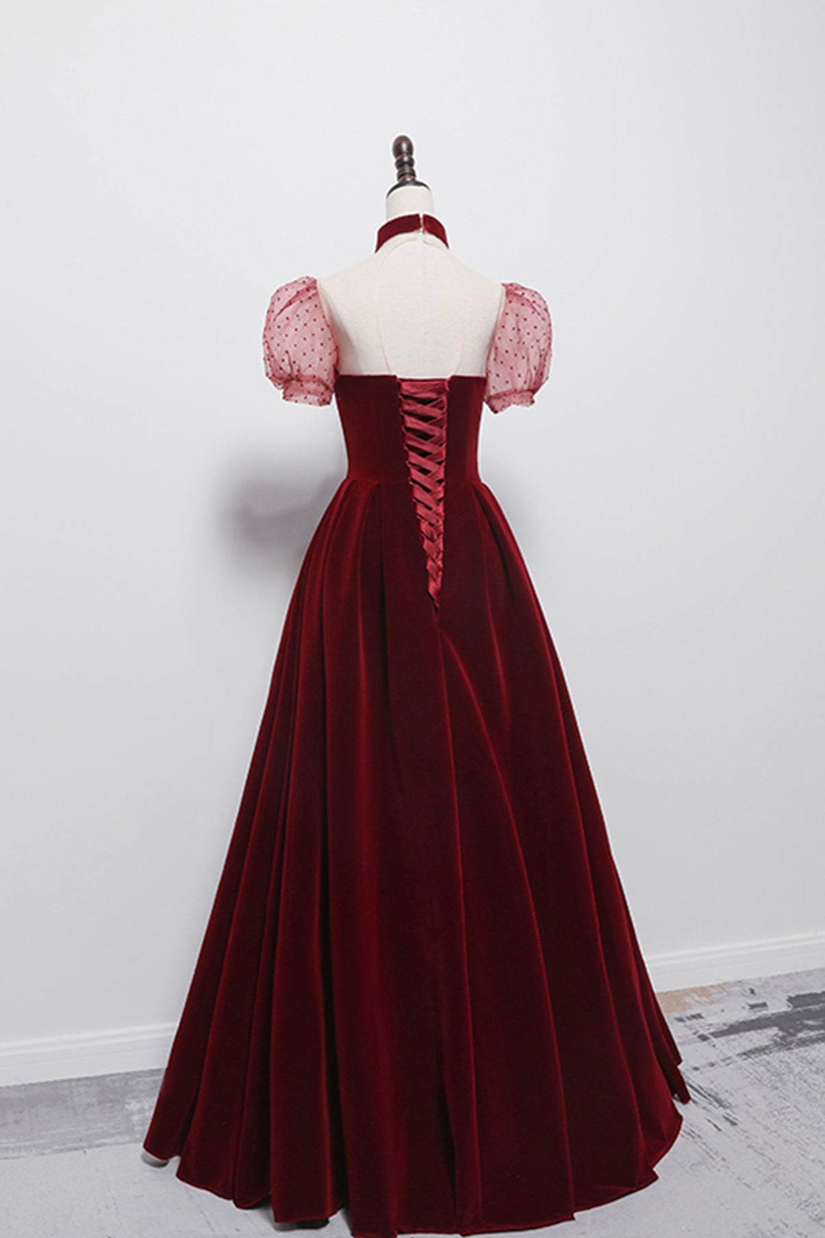 CUTE VELVET LONG PROM DRESS BURGUNDY A LINE EVENING DRESS cg19033