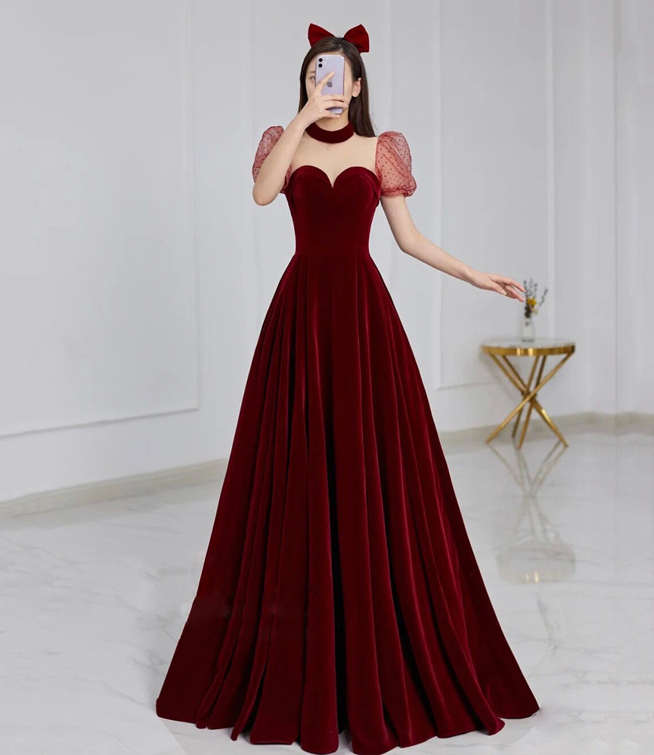 CUTE VELVET LONG PROM DRESS BURGUNDY A LINE EVENING DRESS cg19033