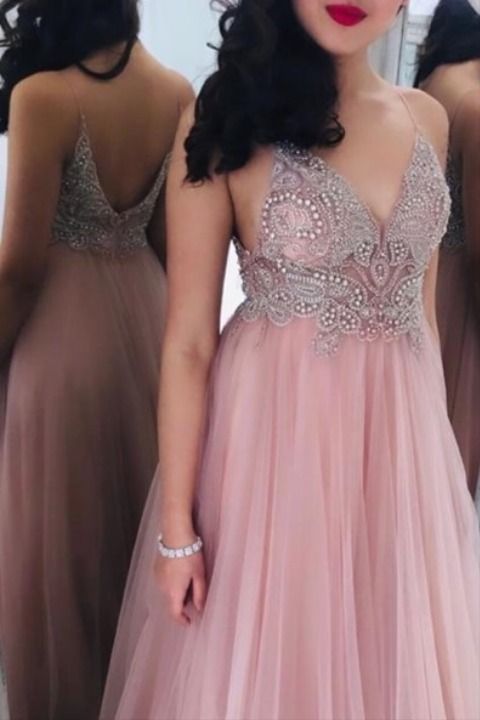 A-line pink tulle long formal dress with spaghetti straps, beaded bodice and plunge neckline Prom Dress cg19038
