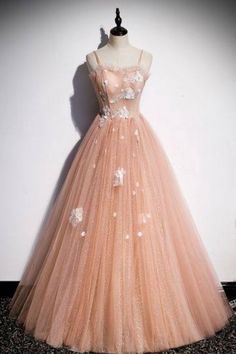 Peach Tulle Long Prom Dress with 3D Flowers cg19053