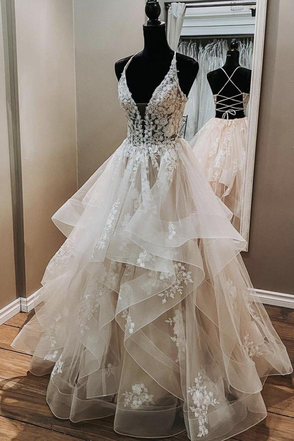 A line v neck lace long ball gown prom dress formal dress cg19055