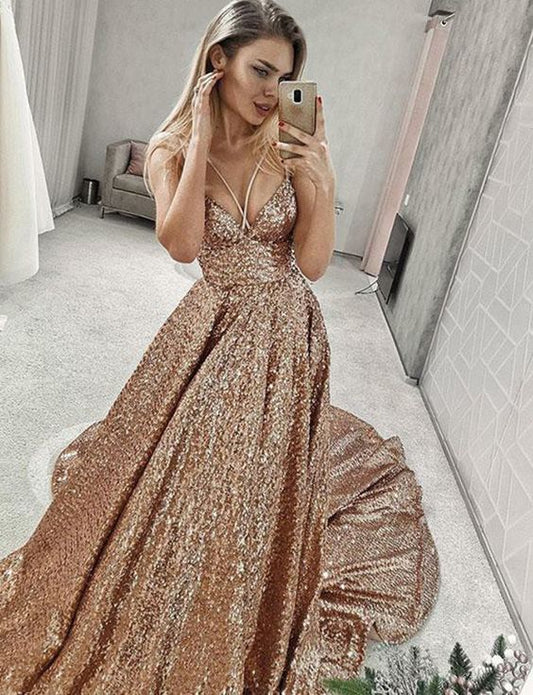 Sexy Pailletten Ballkleider Lange Champagner Abendkleider Spaghetti-Trägern cg1906