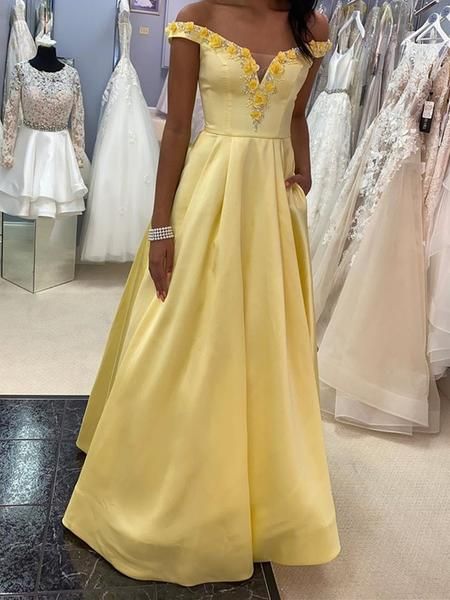Off Shoulder 3D Flowers Yellow Satin Long Prom Dresses, Yellow Floral Formal Dresses cg19064