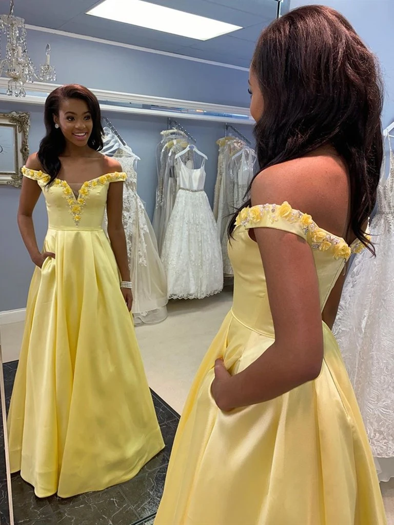 Off Shoulder 3D Flowers Yellow Satin Long Prom Dresses, Yellow Floral Formal Dresses cg19064